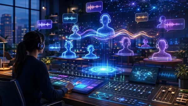 Futuristic social live chat interface with holographic hosts, translation waves, and moderation controls.