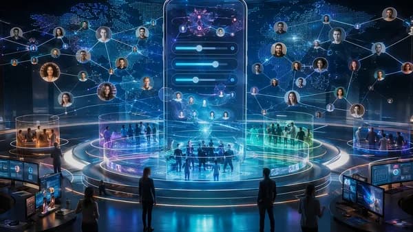 Futuristic social platform hub with profile nodes, privacy controls, and global community connections.