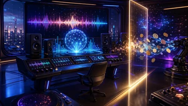 Futuristic music tech room showing AI audio monetization being blocked