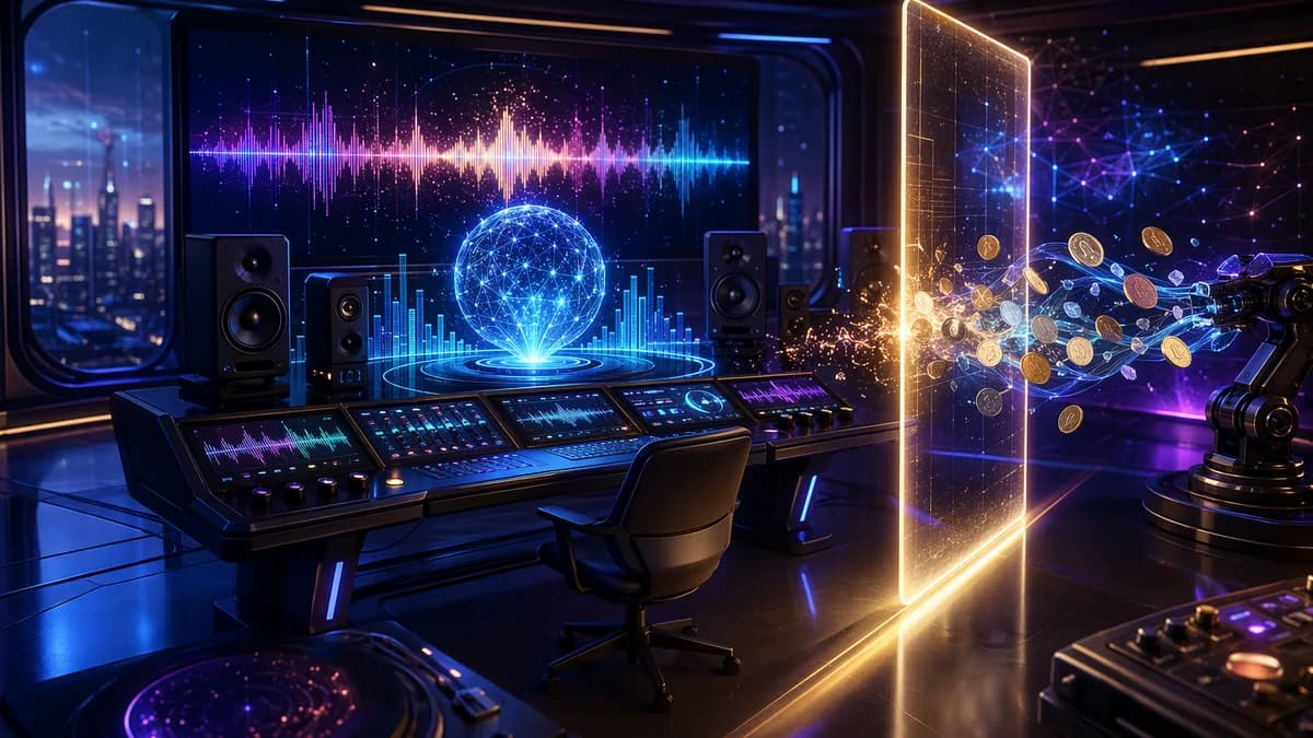 Futuristic music tech room showing AI audio monetization being blocked