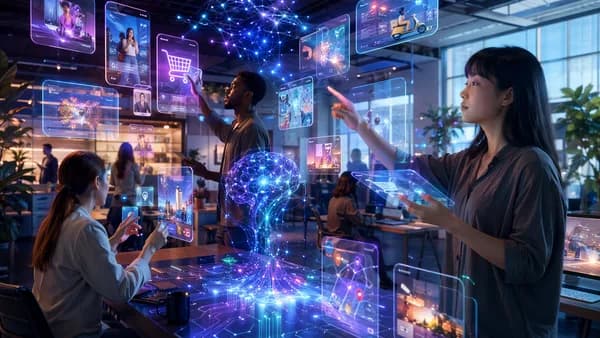 Futuristic social commerce hub with video, shopping, travel, and AI search interfaces