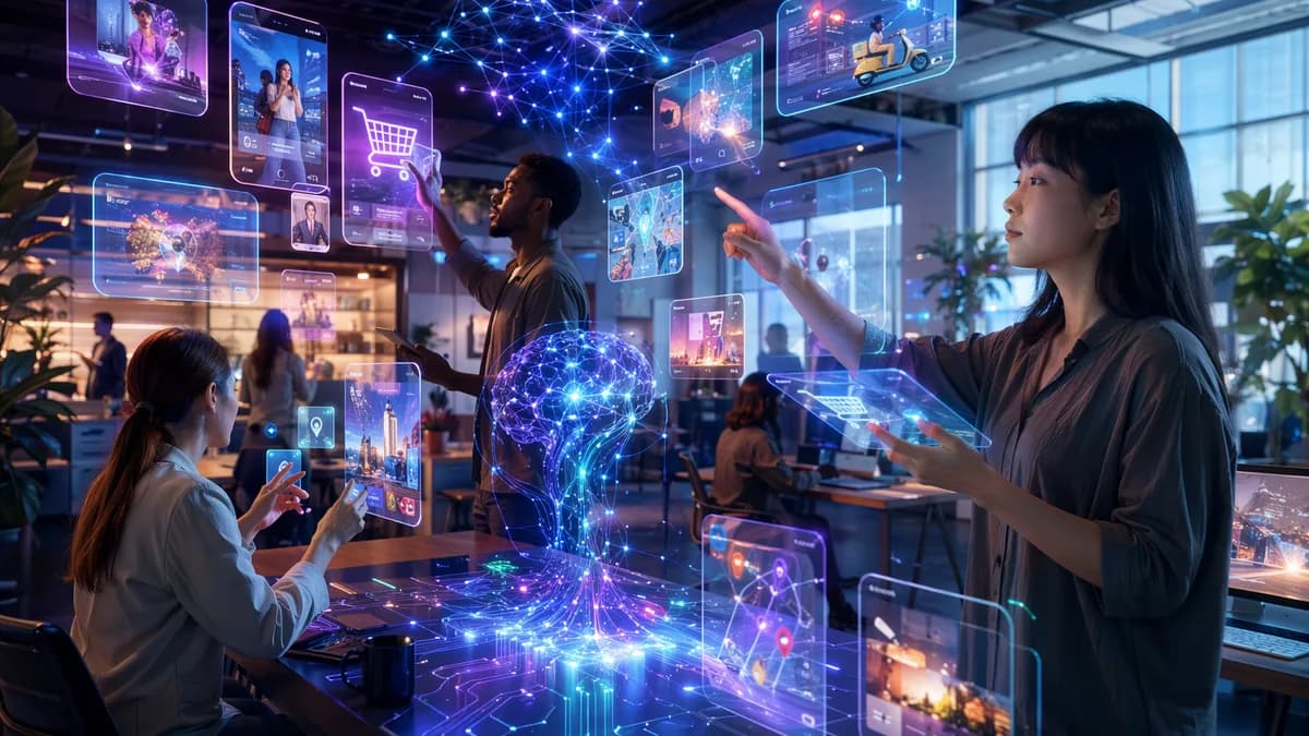Futuristic social commerce hub with video, shopping, travel, and AI search interfaces