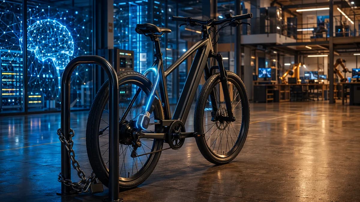 Premium e-bike with smart lock contrasted against a traditional chain in a futuristic tech garage.