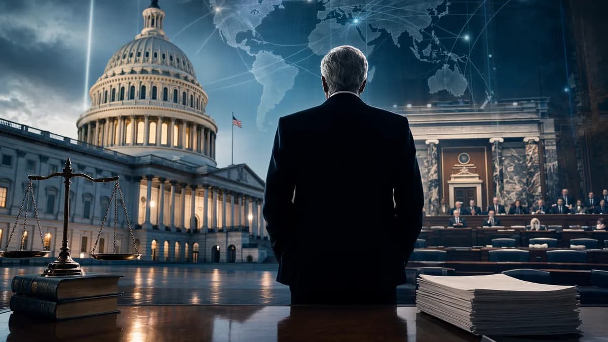 Generic attorney before Washington legal and Senate imagery with global map connections.