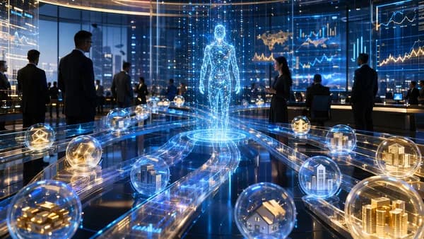 AI agent and tokenized asset streams converge in a futuristic fintech trading environment.