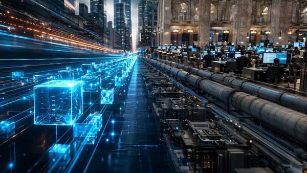 Digital tokens racing ahead of legacy Wall Street financial infrastructure, symbolizing tokenization hype.