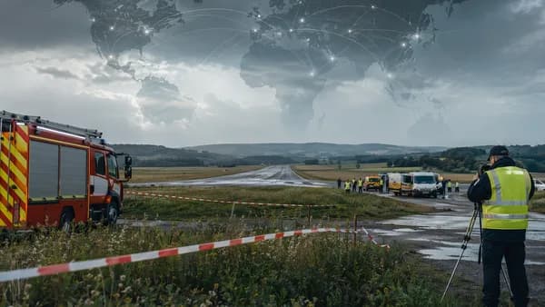 Emergency response at a rural French airfield after a civilian aircraft crash, with global map overlay.