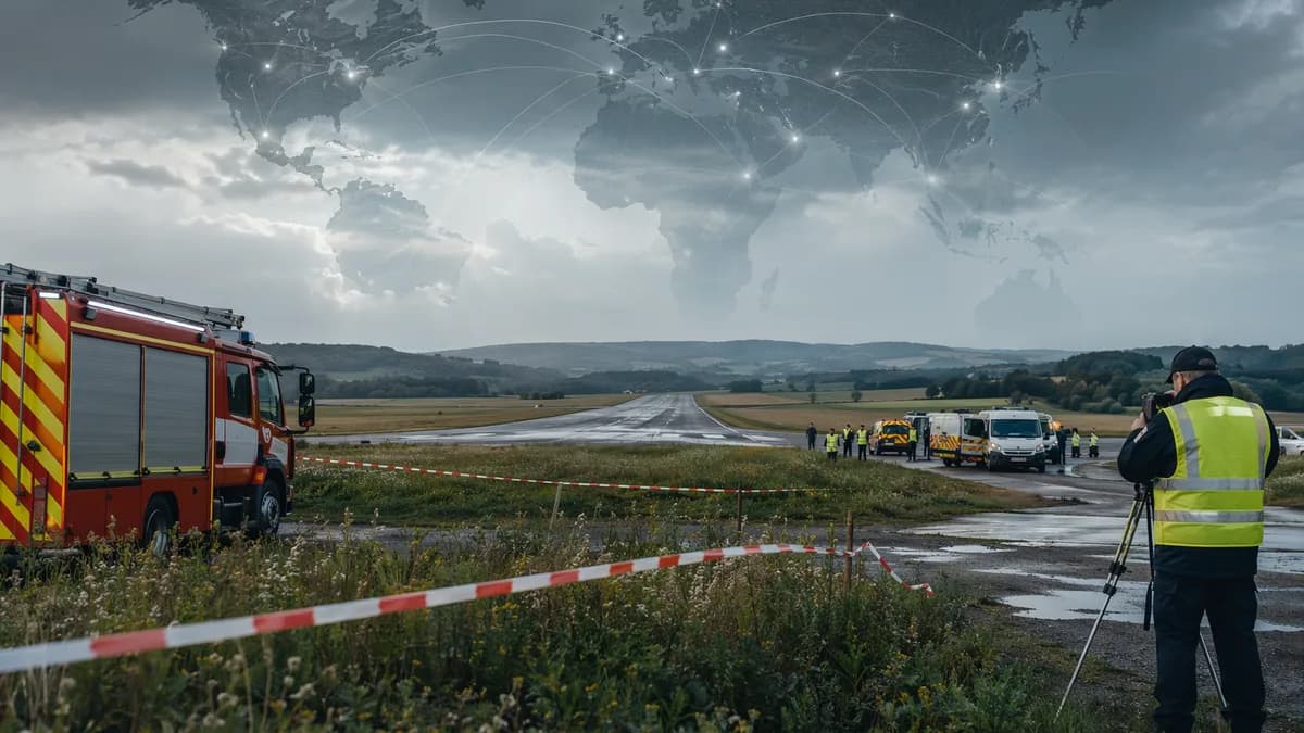 Emergency response at a rural French airfield after a civilian aircraft crash, with global map overlay.