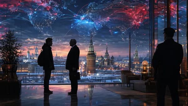 Two silhouetted men meet in Moscow with global network map overlay and tense geopolitical atmosphere.