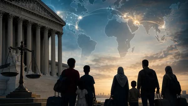 Supreme Court symbolism with Haitian and Syrian families against a connected global map.