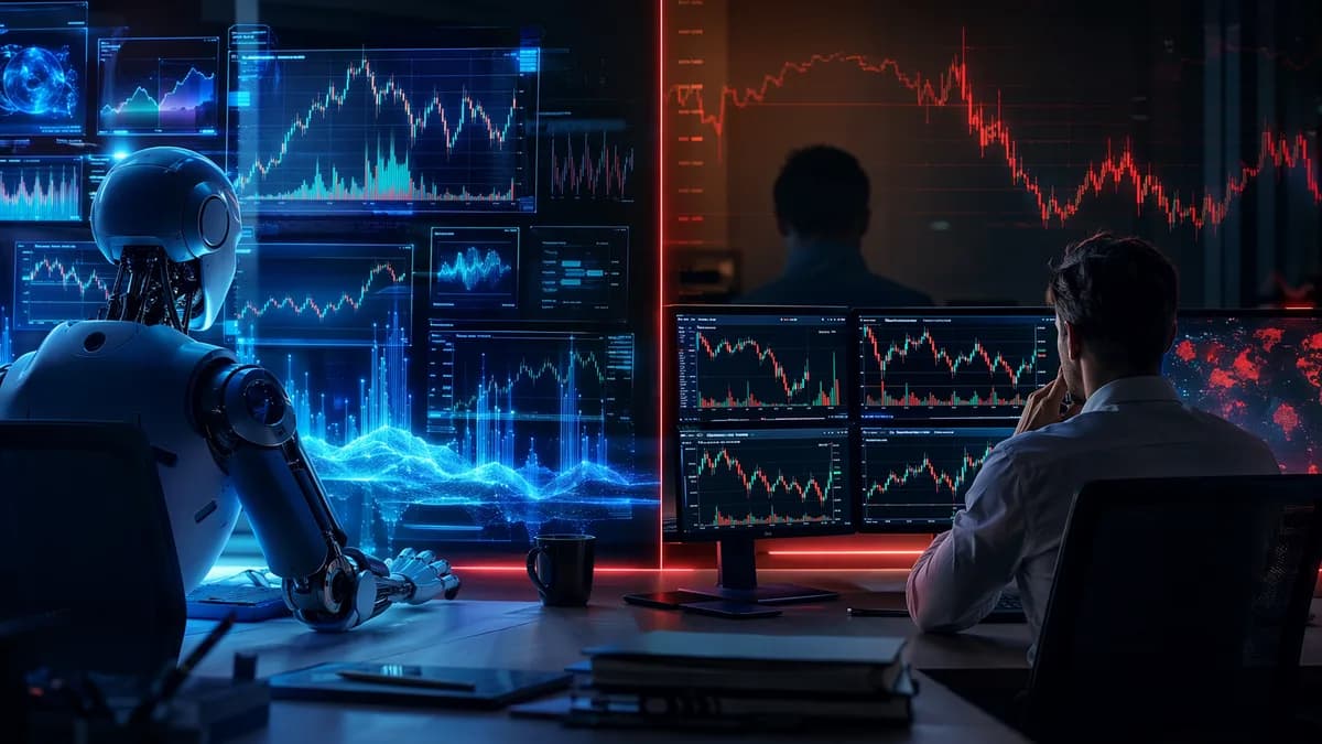 Trading desk showing AI bot and copy trader concepts with volatile market data and risk signals.