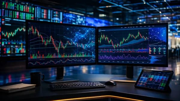 Side-by-side trading monitors showing charts, automation overlays, and market data in a modern trading setup.