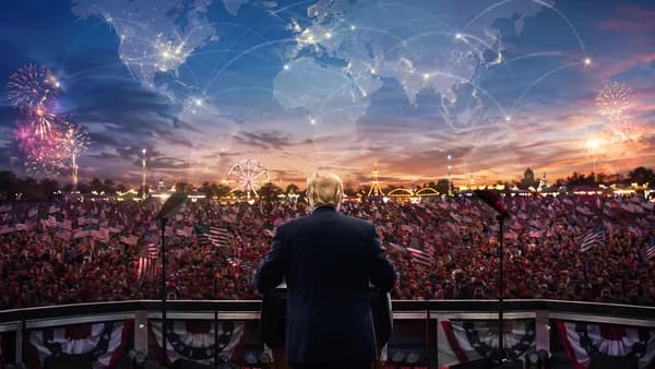American rally at dusk with flags, crowd, fireworks glow, and global map connections