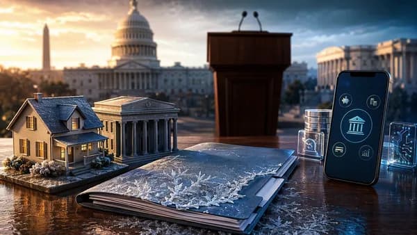 Unsigned housing bill and fintech banking symbols frozen on a desk near an empty government podium.