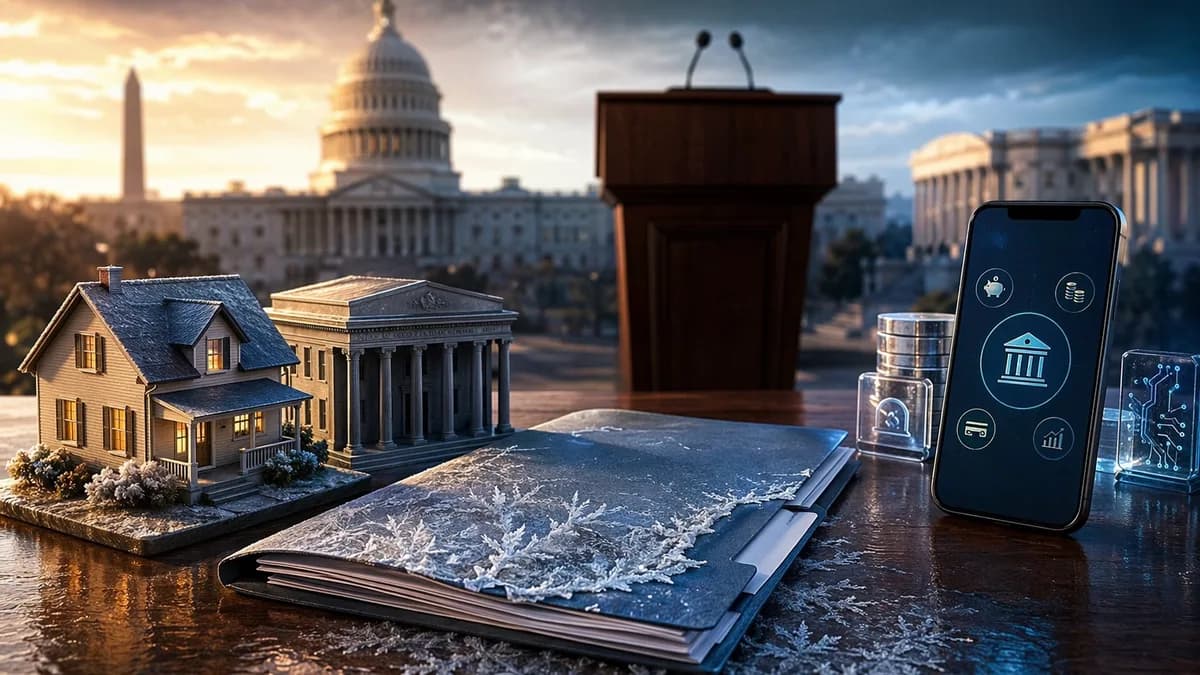 Unsigned housing bill and fintech banking symbols frozen on a desk near an empty government podium.