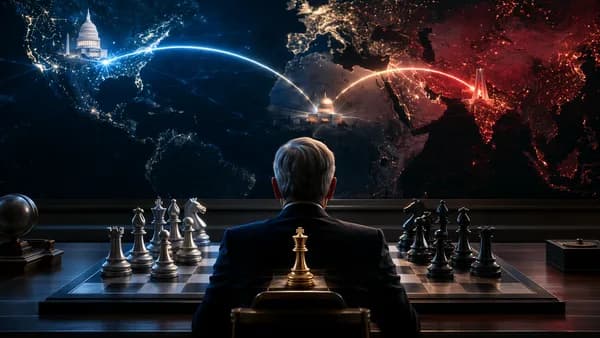 Suited figure faces a geopolitical chessboard over a glowing Middle East world map with global connections.