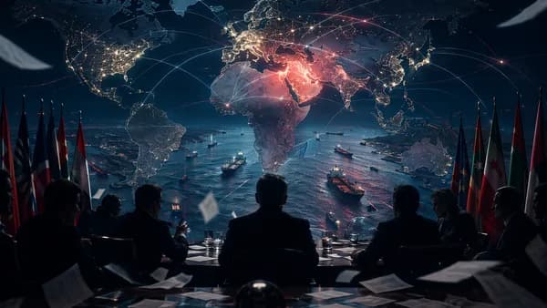 Geopolitical world map with diplomats, oil tankers near Hormuz, and leaked papers in dramatic light.