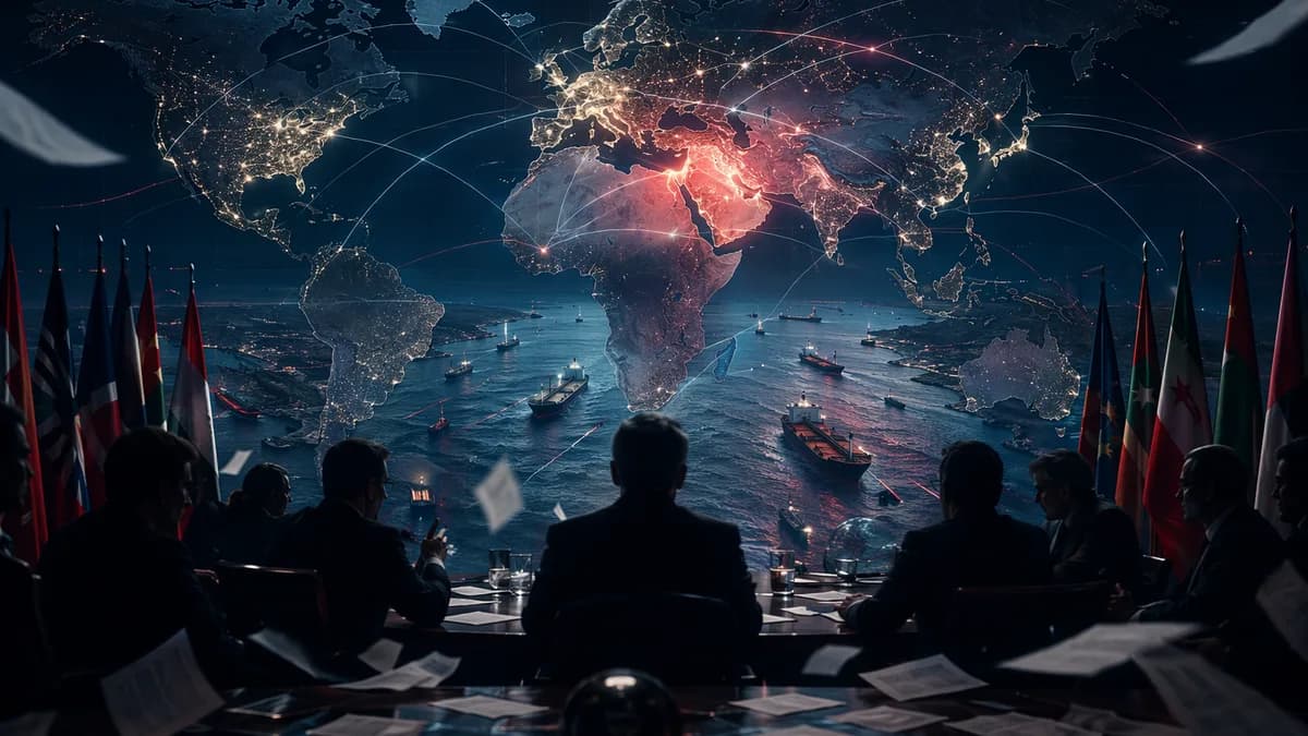 Geopolitical world map with diplomats, oil tankers near Hormuz, and leaked papers in dramatic light.