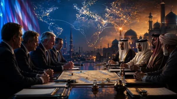 Diplomats negotiate over a glowing world map and Gulf region amid ceasefire and geopolitical tension.