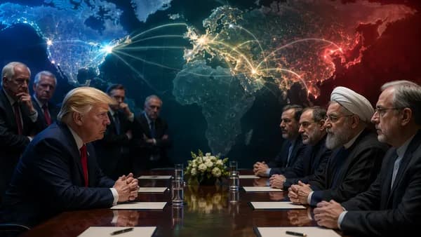 Tense U.S.-Iran negotiation scene with GOP backlash and global connections on a world map.