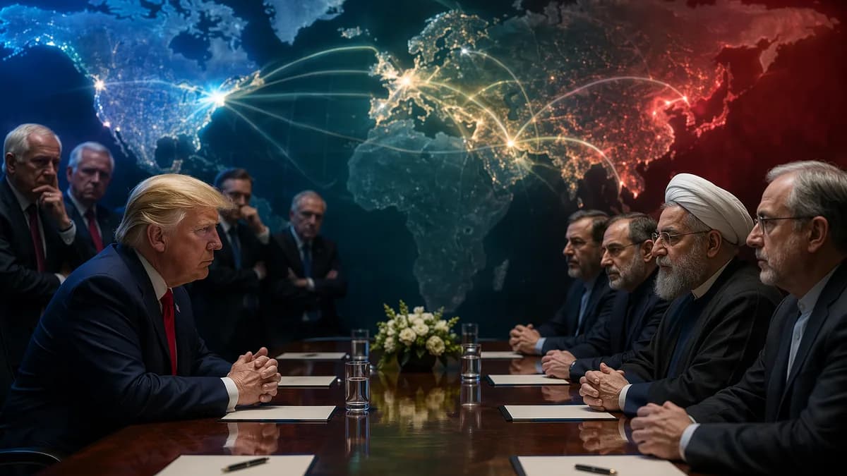 Tense U.S.-Iran negotiation scene with GOP backlash and global connections on a world map.