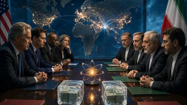 US-Iran diplomacy scene with frozen cash, nuclear symbol, and global map showing geopolitical tensions.