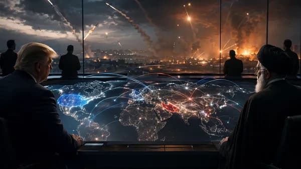 Tense world map scene showing US-Iran escalation, missile trails, and opposing diplomatic silhouettes.