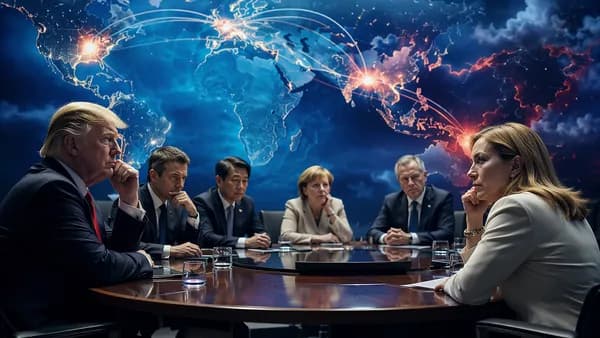 Diplomatic tension between U.S. and Italy figures over a glowing world map and global connections.