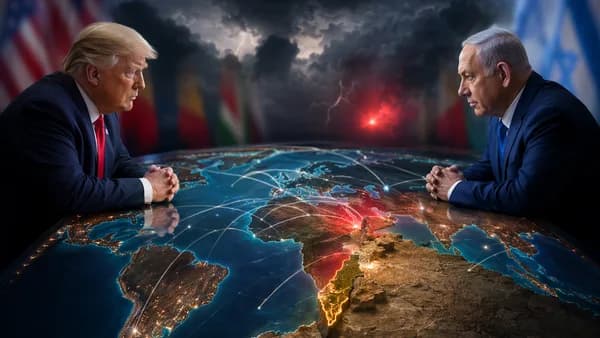Tense diplomatic scene over a glowing world map highlighting Lebanon and the eastern Mediterranean.