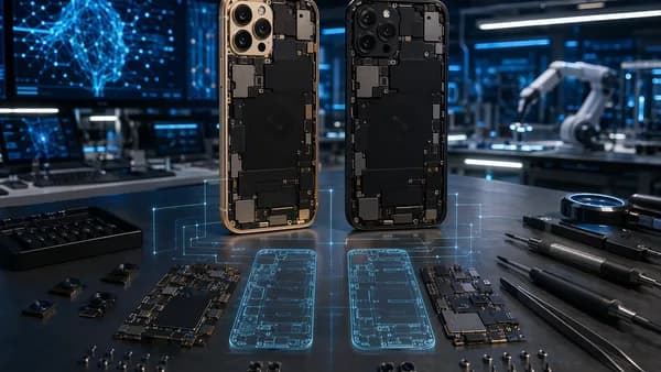 Teardown bench showing two nearly identical smartphones with exposed internal components.