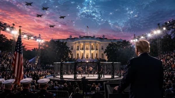 White House lawn staged as a UFC cage fight spectacle with military pageantry and global map connections.
