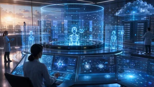Enterprise AI agents protected by digital guardrails in a futuristic operations lab.