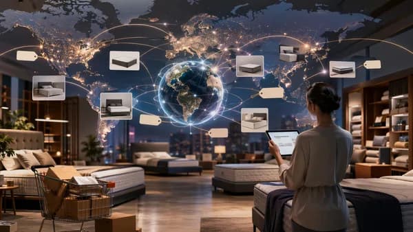 Modern mattress deal scene with global map, shipping routes, and e-commerce visuals, no text or logos.