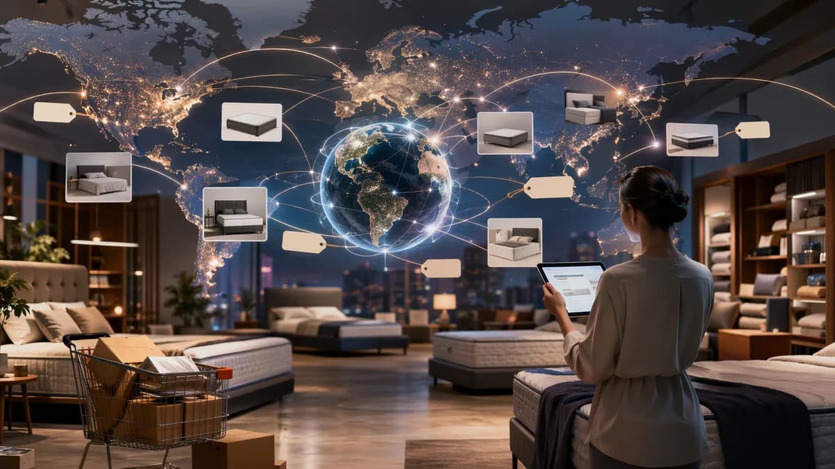 Modern mattress deal scene with global map, shipping routes, and e-commerce visuals, no text or logos.