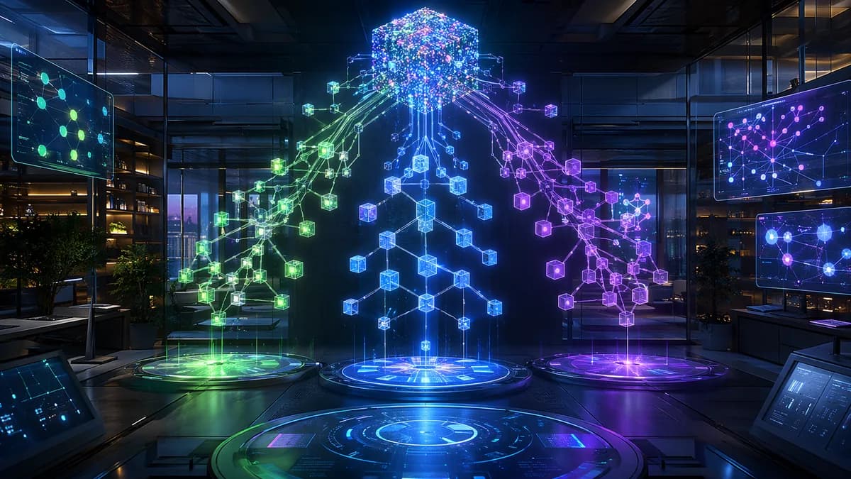 Futuristic workspace showing three abstract monorepo pipeline paths and interconnected build graphs.