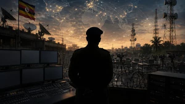 Uganda media crackdown symbolized by dark broadcast studio, army silhouette, antennas, and global map overlay.