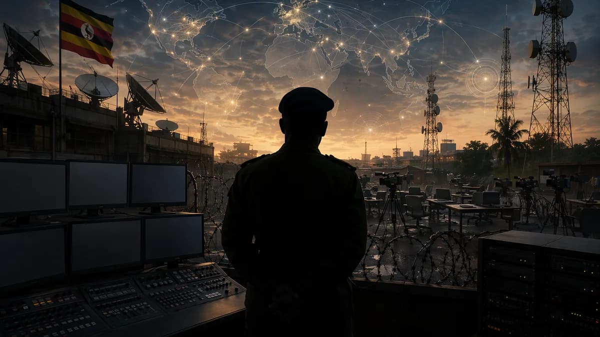 Uganda media crackdown symbolized by dark broadcast studio, army silhouette, antennas, and global map overlay.