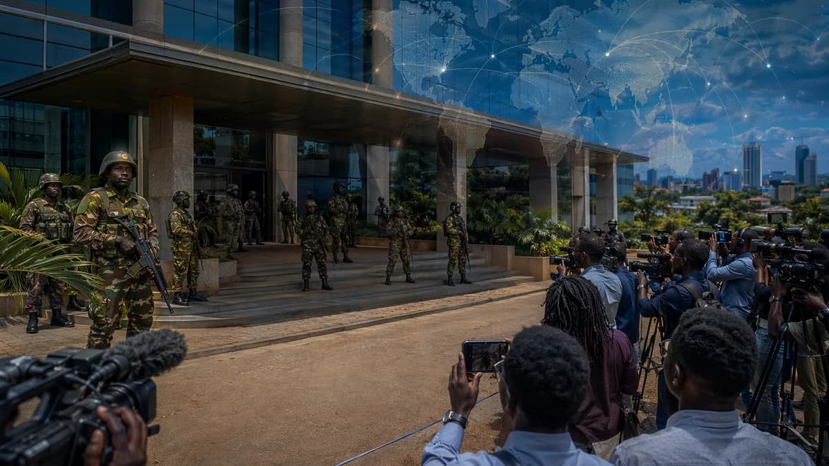 Soldiers outside an unbranded Ugandan newsroom, symbolizing a crackdown on press freedom.