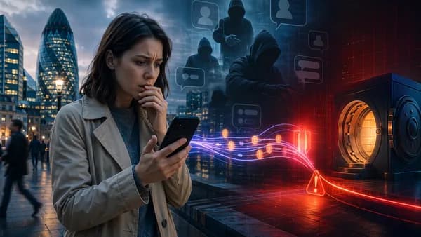 Worried smartphone user with abstract fraud and banking visuals in a UK fintech scene.