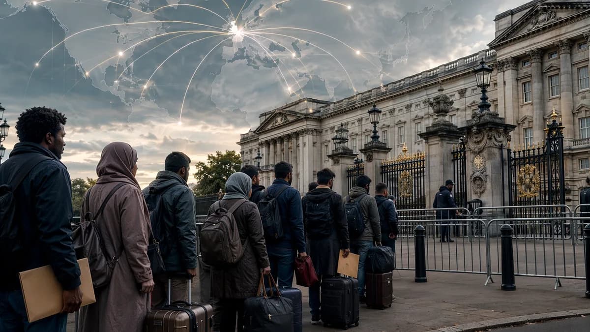 Asylum seekers near UK government buildings with a global map overlay and migration links.