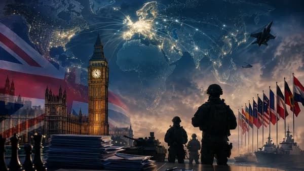UK defence funding crisis visualized with Westminster, military silhouettes, and global alliance connections.