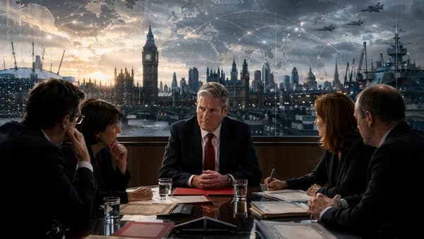 UK political aides discuss defence investment amid Westminster, global map overlays, and military silhouettes.