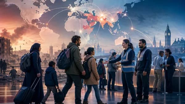 Refugee families guided toward the UK with a glowing world map and global migration routes behind them.
