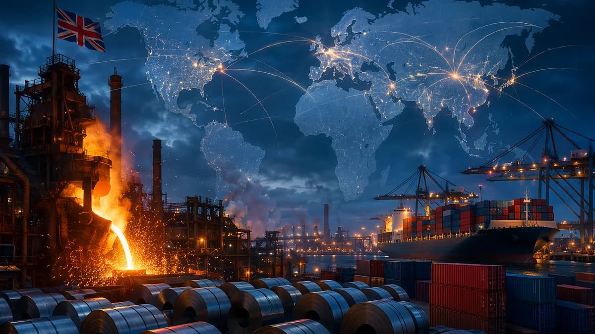 British steel industry and global trade routes symbolizing tariffs on cheap Chinese metal