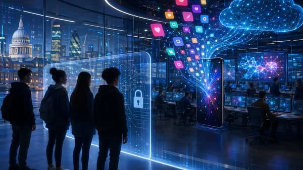 Teens facing a locked smartphone in a futuristic UK tech hub, symbolizing social media age restrictions.