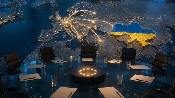 Ukraine highlighted on a glowing Europe map with diplomatic table and global connection arcs.