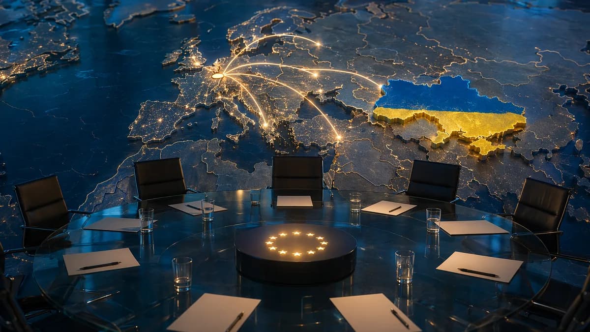 Ukraine highlighted on a glowing Europe map with diplomatic table and global connection arcs.