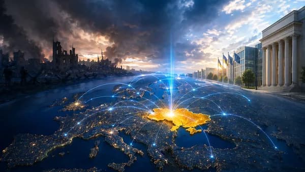 Glowing Ukraine on a connected world map with war damage and civic reform imagery in Europe.