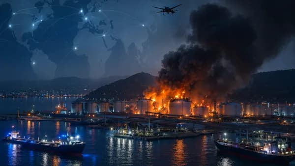Drone strike aftermath at a burning Russian sea terminal with global map connections overlay.