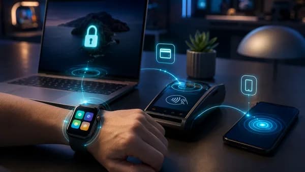 Generic smartwatch powering everyday shortcuts across laptop, phone, and payment devices in a modern tech workspace.